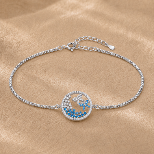 Blue Butterfly Circle Silver Bracelet