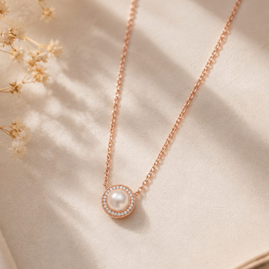 Pearlfect: Pearl & Crystal Halo Pendant Necklace in Rose Gold Vermeil in 925 Sterling Silver