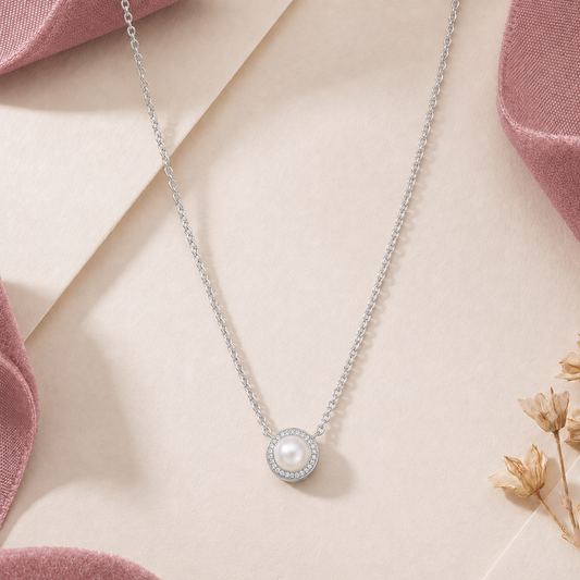Pearlfect: Pearl & Crystal Halo Pendant Necklace in 925 Sterling Silver