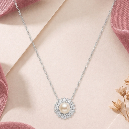 Glow Getter: Pearl & Crystal Statement Pendant Necklace in 925 Sterling Silver