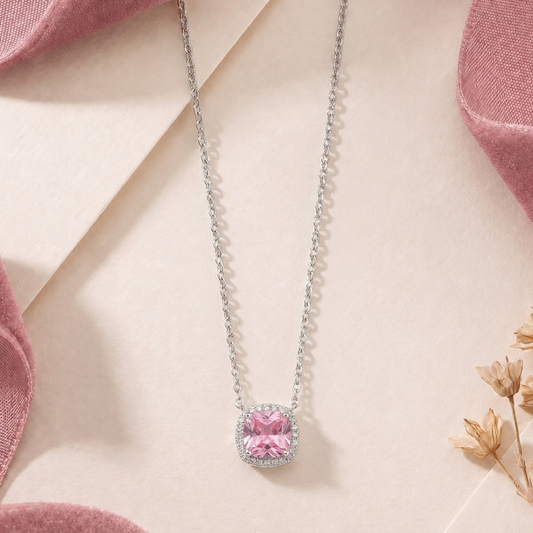 Spellbound: Cushion-Cut Crystal Halo Pendant Necklace in 925 Sterling Silver