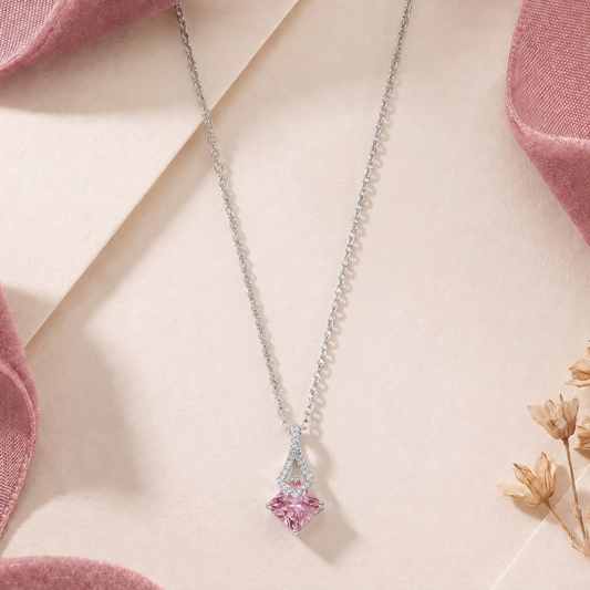 Pink Theory: Princess-Cut Pink Crystal Pendant Necklace in 925 Sterling Silver