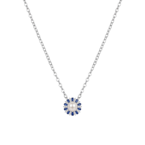 The Countess: Pearl & Blue Crystal Halo Pendant Necklace in 925 Sterling Silver