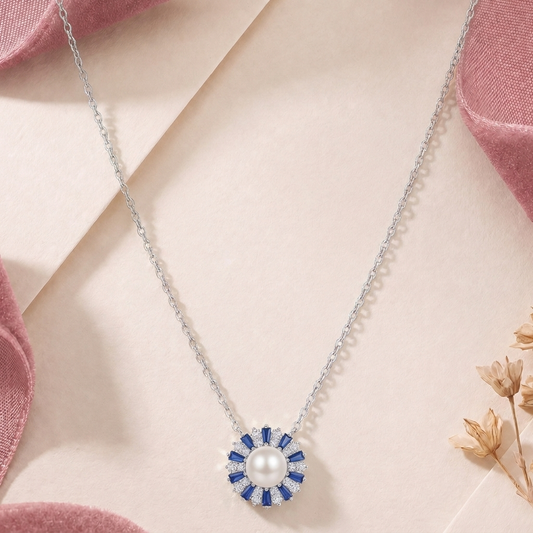 The Countess: Pearl & Blue Crystal Halo Pendant Necklace in 925 Sterling Silver