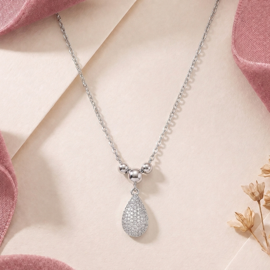 Silver Dew: Crystal Pavé Teardrop Pendant Necklace in 925 Sterling Silver