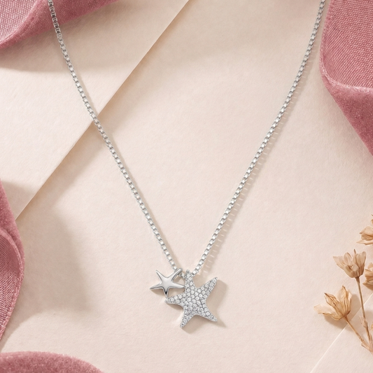Twin Wish Double Star Pendant Necklace in 925 Sterling Silver