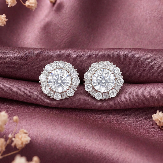 Brilliant Halo Diamond Stud Earrings in 925 Sterling Silver