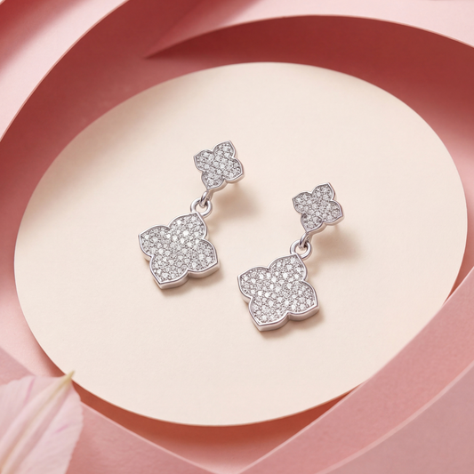 Elegant Clover Dangle Diamond Earrings in 925 Sterling Silver