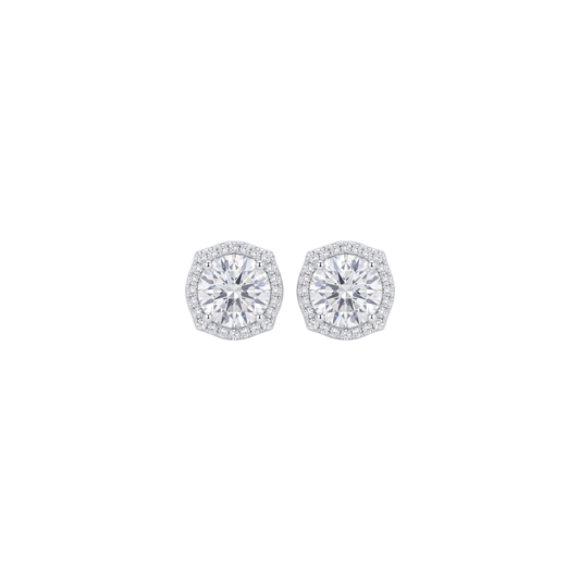 Radiant Hexagonal Halo Diamond Stud Earrings