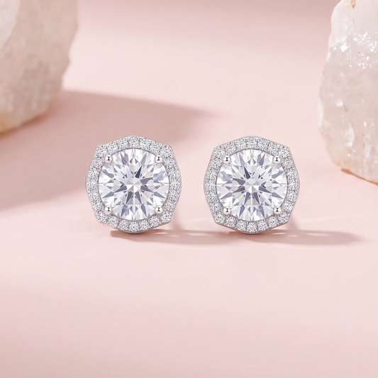 Radiant Hexagonal Halo Diamond Stud Earrings in 925 Sterling Silver