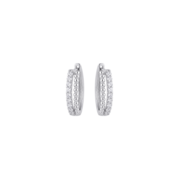 Ciela: Pavé & Beaded Huggie Hoop Earrings in 925 Sterling Silver