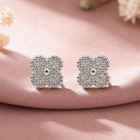 Odelie: Pave Quatrefoil Stud Earrings in Sterling Silver