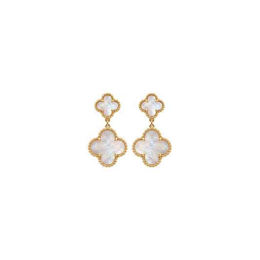 Bellecour: Mother of Pearl Quatrefoil Drop Earrings in Gold-Plated Sterling Silver