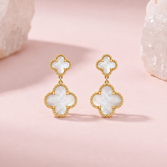 Bellecour: Mother of Pearl Quatrefoil Drop Earrings in Gold-Plated Sterling Silver