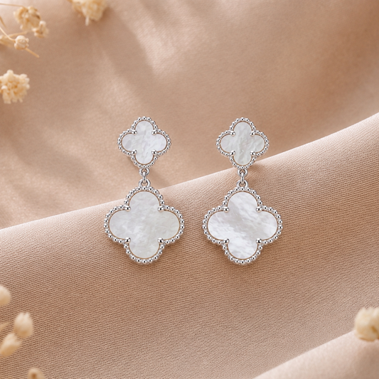 Bellecour: Mother of Pearl Quatrefoil Drop Earrings in Sterling Silver