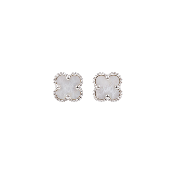 Alizee: Mother of Pearl Quatrefoil Stud Earrings in 925 Sterling Silver