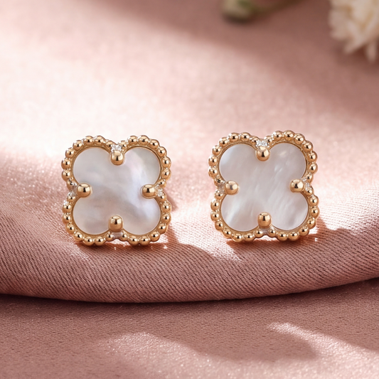 Alizee: Mother of Pearl Quatrefoil Stud Earrings in Gold-Plated Sterling Silver