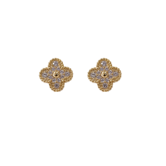 Petit Trefle: Pave Clover Stud Earrings in Gold Vermeil 925 Sterling Silver