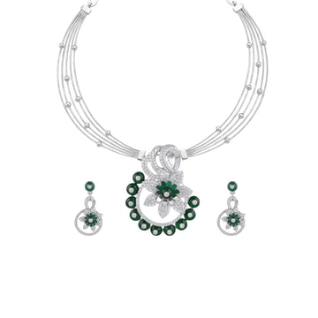 Emerald Hour: Green Floral Necklace & Drop Earrings Set in 925 Sterling Silver