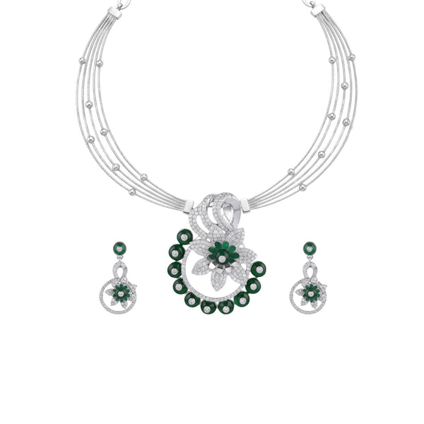 Emerald Hour: Green Floral Necklace & Drop Earrings Set in 925 Sterling Silver