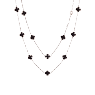 Belle Vie: Black Onyx Clover Station Necklace in 925 Sterling Silver