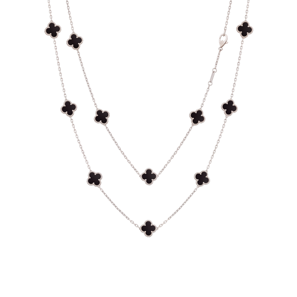 Belle Vie: Black Onyx Clover Station Necklace in 925 Sterling Silver