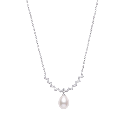 Chevron Crystal Drop Pearl Chain in 925 Sterling Silver