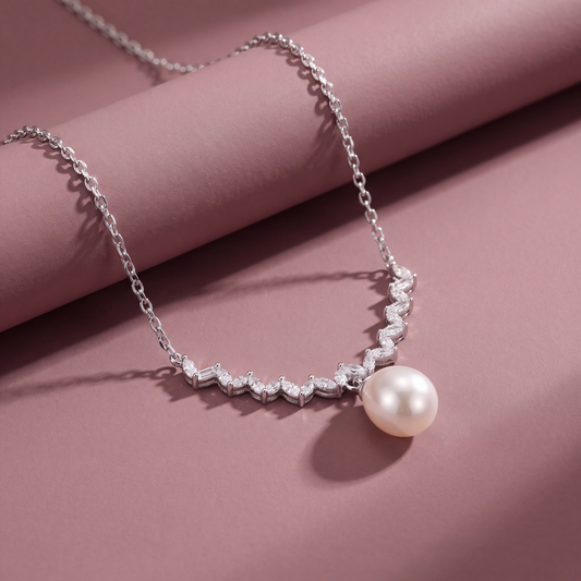 Chevron Crystal Drop Pearl Chain in 925 Sterling Silver