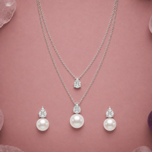 Layered Pear Drop Pearl Pendant Set in 925 Sterling Silver