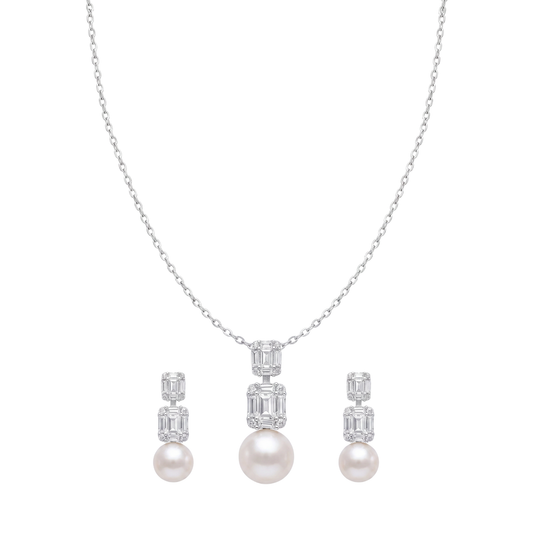 Luxurious Baguette and Pearl Pendant Set in 925 Sterling Silver