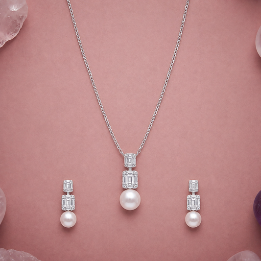 Luxurious Baguette and Pearl Pendant Set in 925 Sterling Silver