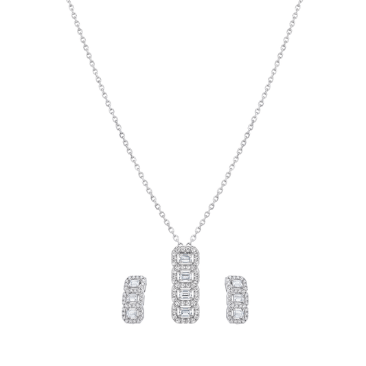 The Sterling Art Deco Emerald-Cut Halo Pendant Set
