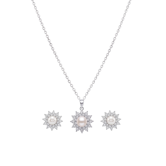 Starbloom: Pearl Starburst Pendant & Stud Earrings Set in 925 Sterling Silver