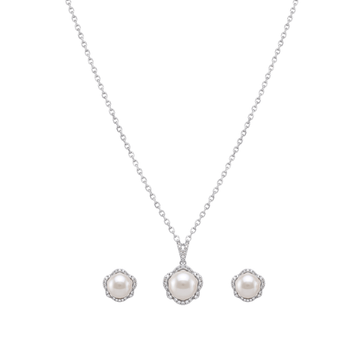 Pearle: Pearl Halo Pendant & Stud Earrings Set in Sterling Silver