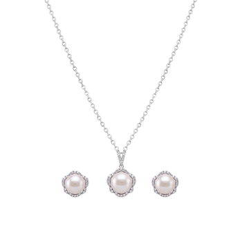 Pearle: Pearl Halo Pendant & Stud Earrings Set in 925 Sterling Silver