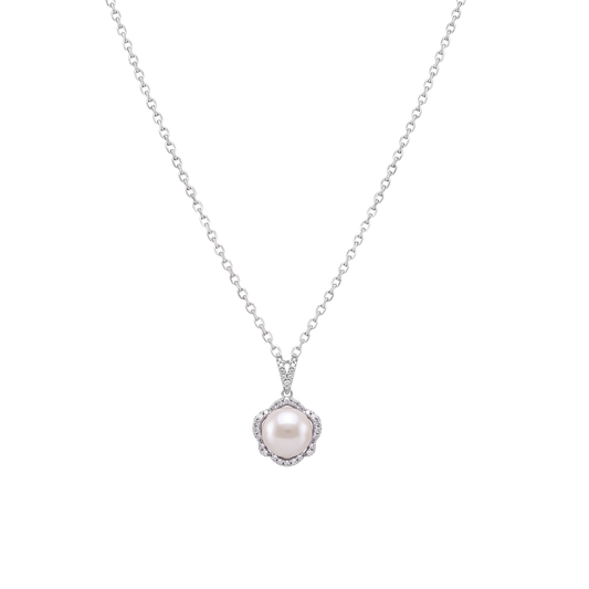 Pearle: Pearl Halo Pendant & Stud Earrings Set in 925 Sterling Silver
