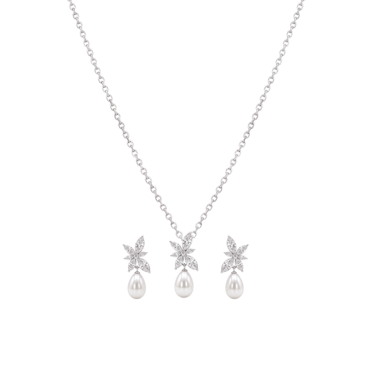 Snowdrop: Floral Pearl Drop Pendant Necklace in 925 Sterling Silver