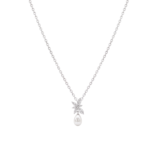 Snowdrop: Floral Pearl Drop Pendant Necklace in 925 Sterling Silver
