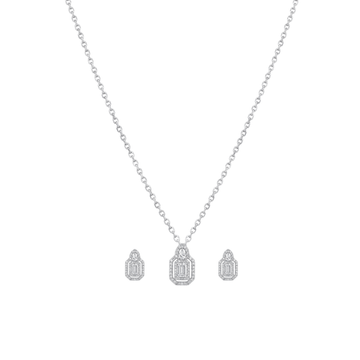 Monroe: Emerald-Cut Halo Pendant & Stud Earrings Set in Sterling Silver