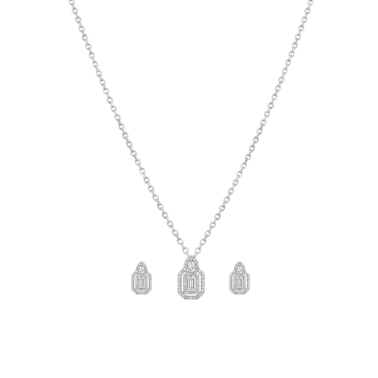 Monroe: Emerald-Cut Halo Pendant & Stud Earrings Set in 925 Sterling Silver
