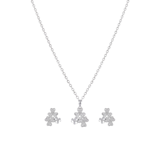 Whimsy: Heart & Floral Cluster Pendant & Stud Earrings Set in 925 Sterling Silver