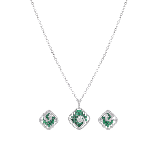 Secret Garden: Green Crystal Pendant & Earrings Set in 925 Sterling Silver