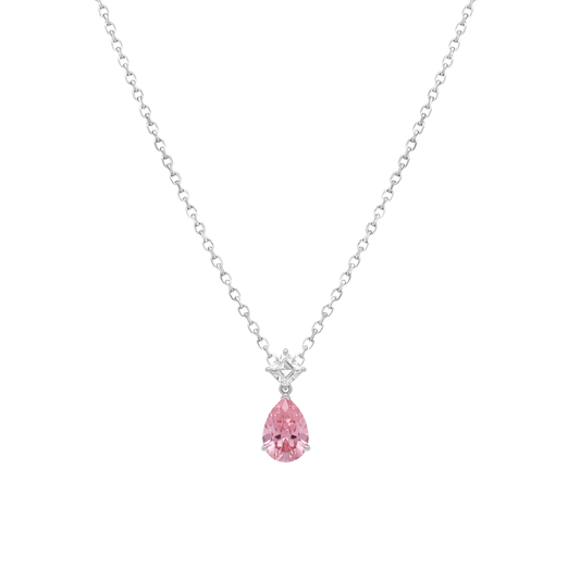 Mon Amor: Pink Pear-Cut Crystal Pendant Necklace in 925 Sterling Silver