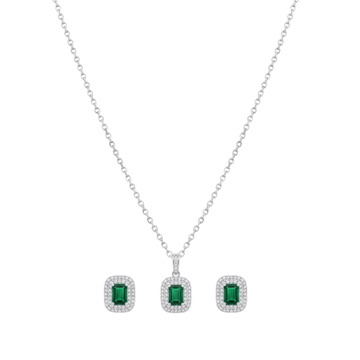 The Sterling Emerald Double Halo Pendant Set