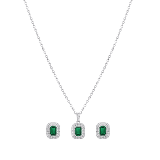 The Sterling Emerald Double Halo Pendant Set