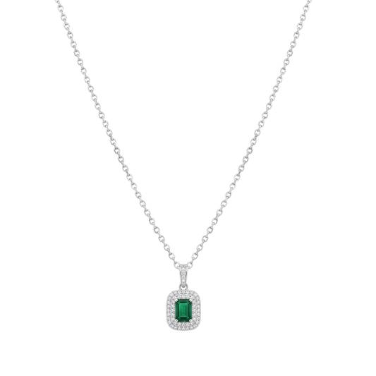 The Sterling Emerald Double Halo Pendant Set