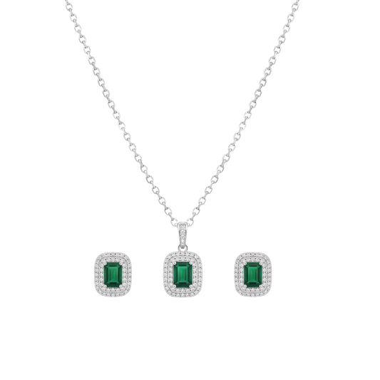 The Heiress: Emerald-Cut Crystal Halo Jewellery Set in 925 Sterling Silver