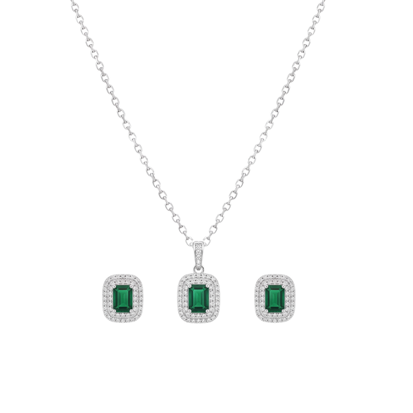 The Heiress: Emerald-Cut Crystal Halo Jewellery Set in 925 Sterling Silver