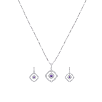 Softly Certain: Amethyst Geometric Pendant & Drop Earrings Set in 925 Sterling Silver