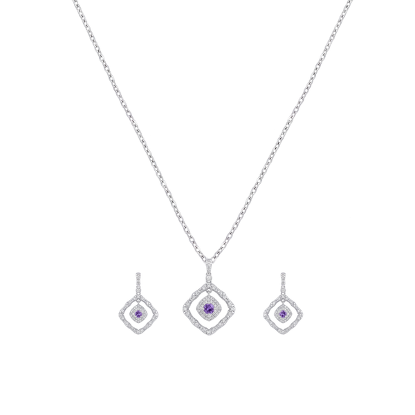 Softly Certain: Amethyst Geometric Pendant & Drop Earrings Set in 925 Sterling Silver